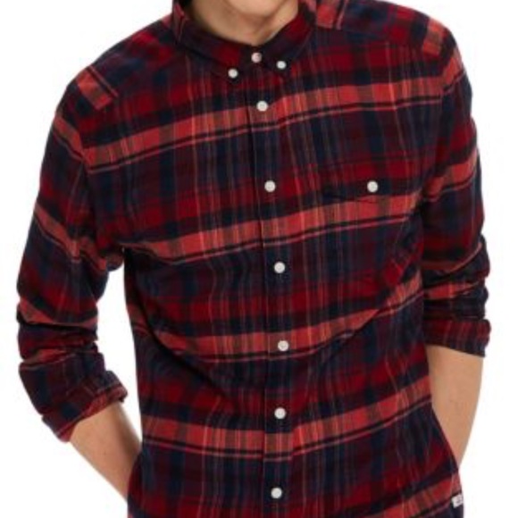 SOLD - Scotch & Soda Red Purple Plaid Brushed Flannel Shirt - Picture 1 of 9
